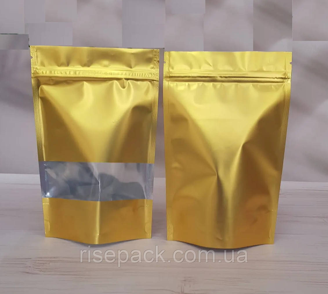 Крафт-пакет Дой-Пак з віконцем золотий 130×200(+дно 45)