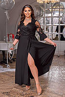 Вечірня чорна сукня з мереживом на запах з поясом в комплекті з 48 по 70 розмір