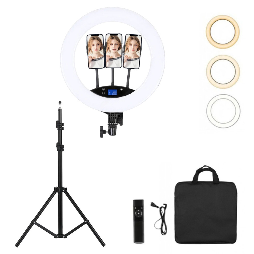 Кільцева світлодіодна лампа HQ-19NS 47см зі штативом 2м пультом сумкою та 3 тримачами LED лампа для фото, фото 1
