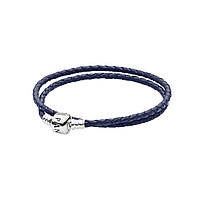 Синій Кожаный браслет с серебряной застежкой Пандора Pandora 590705CDB