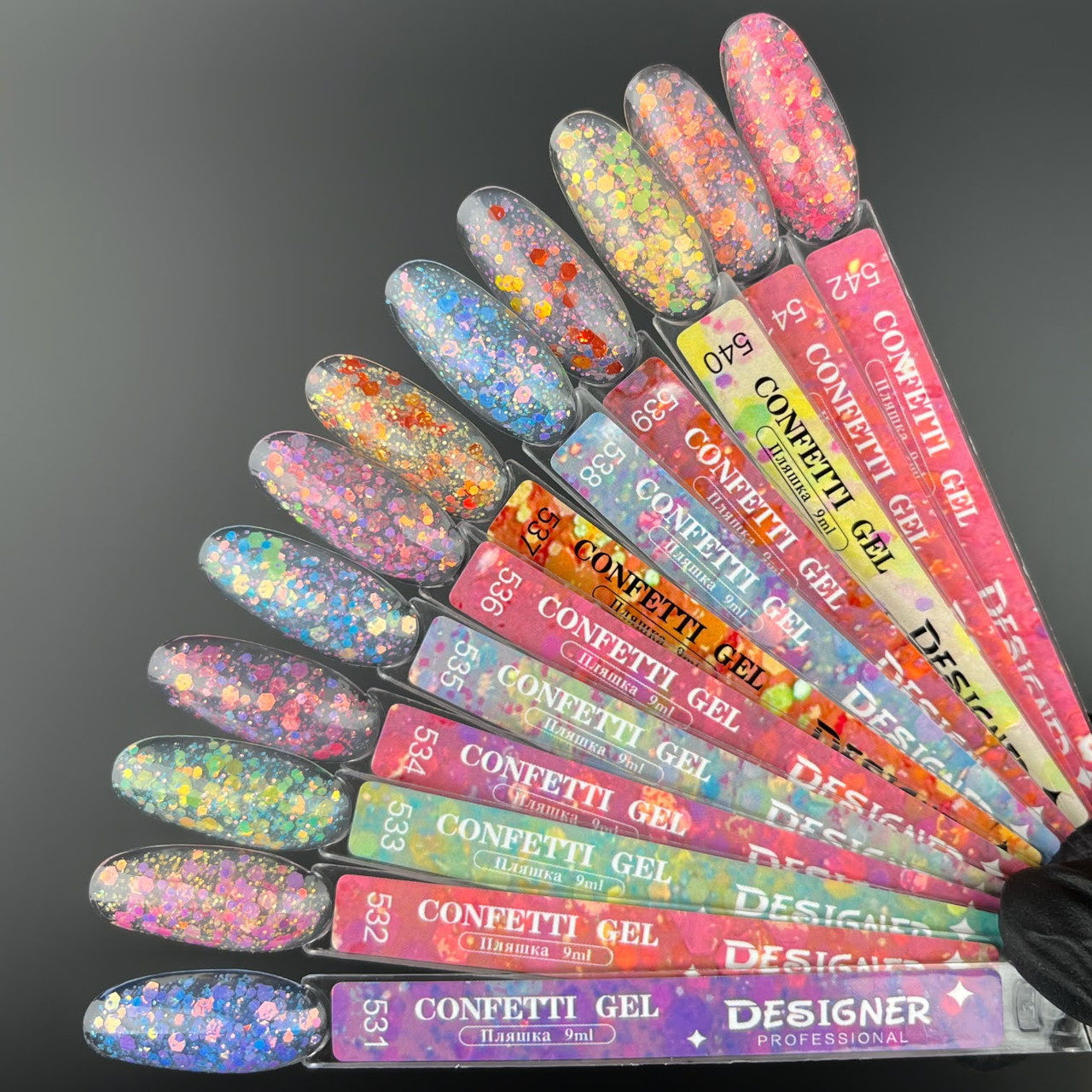 Демонстраційна палітра-віяло гель-лаків Confetti gel Дизайнер (з конфетті різного розміру)