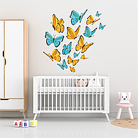Виниловая интерьерная наклейка цветная декор на стену, обои и другие поверхности "Голубые и желтые бабочки" с