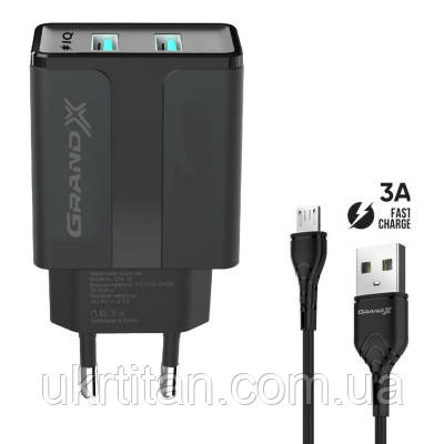 Оригінал! Зарядний пристрій Grand-X CH-15UMB (5V/2,1A + DC cable 2,4А USB -> Micro USB 1m) Black (CH-15UMB) - Вища Якість!, фото 1