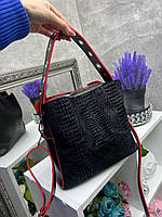 Женская сумка через плечо стильная кроссбоди черная с красным замша+кожзам