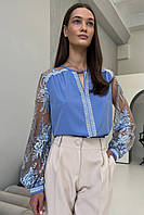 Блуза женская нарядная Голубая с кружевным рукавом 3385-04 XL(50)