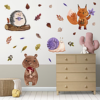 Виниловая интерьерная наклейка цветная декор на стену, обои и другие поверхности "Лесные звери. Листья" з