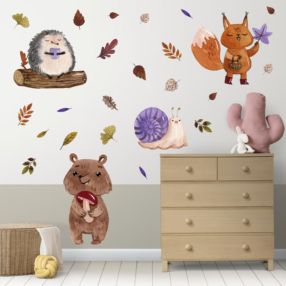 Вінілова інтер'єрна наклейка кольорова декор на стіну, шпалери та інші поверхні "Лісові звірі. Листя" з оракалу