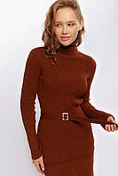 Теплый длинный вязанный свитер женский с воротом коричневого цвета. Модель SW927