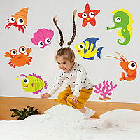 Вінілова інтер'єрна наклейка кольорова декор на стіну, шпалери та інші поверхні "Підводний світ. Смішні Окаті рибки" з оракалу