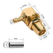 Роз'єм RP-SMA Female 90° кутовий на кабель RG-316 RG-178 RG-174 LMR100 SFF50-1.5 конектор обтискний під крімпер, фото 6
