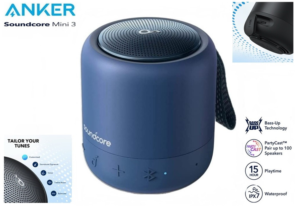 Портативна блютуз колонка Anker SoundCore Mini 3 BLUE (6W, 1800mAh, Bluetooth 5.0, USB Type-C)