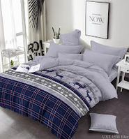 Комплект постільної білизни полуторний 150х215 Новорічний Олені сині на лавандовому тлі Бязь голд люкс