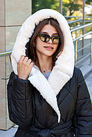 Модне стьобане жіноче зимове пальто хутро тедді біле з капюшоном якість преміум чорне