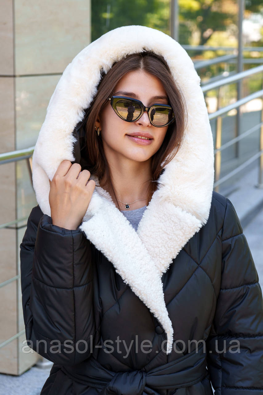 Модне стьобане жіноче зимове пальто хутро тедді біле з капюшоном якість преміум чорне