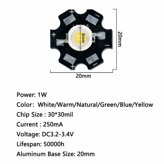 Сверхяркий светодиод на подложке led 1w 3.2-3.4v 3000K