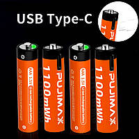 Аккумулятор перезаряжаемая батарейка Li-Ion AAA 1.5V 1100mWh Type-C USB Pujimax 4 шт