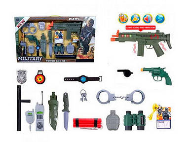 Набір зі зброєю військовий, автомат, звук,світло, пістолет, палиця, ніж, наручники, жетон, рація, на бат-ці FG