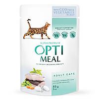 Корм влажный OPTI MEAL для взрослых кошек Adult Cats Cod Fish & Vegetable треска и овощи в желе 85 г