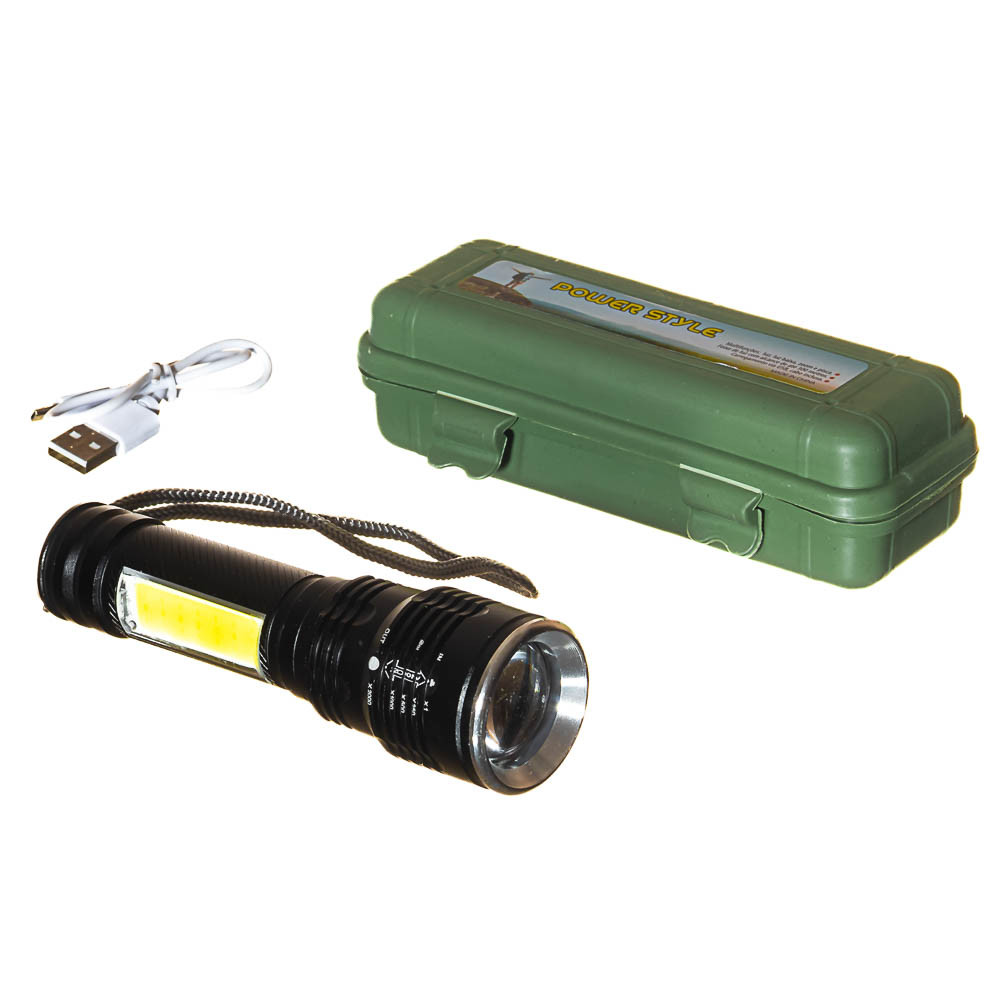 Ліхтар ручний акумуляторний у боксі металевий, чорний T6-30, micro USB, фото 1
