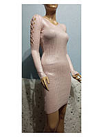 Жіноча в'язана сукня плаття в рубчик зі сріблястим напиленням рожевий 40-44