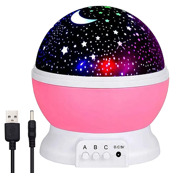 Дитячий нічник-проектор зоряного неба 10х10см на батарейках та USB, Рожевий / Настільний світильник нічник