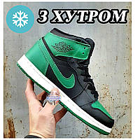 Мужские зимние кроссовки Nike Air Jordan 1 Retro High Green Winter Fur на меху, зелёные кожаные найк джордан