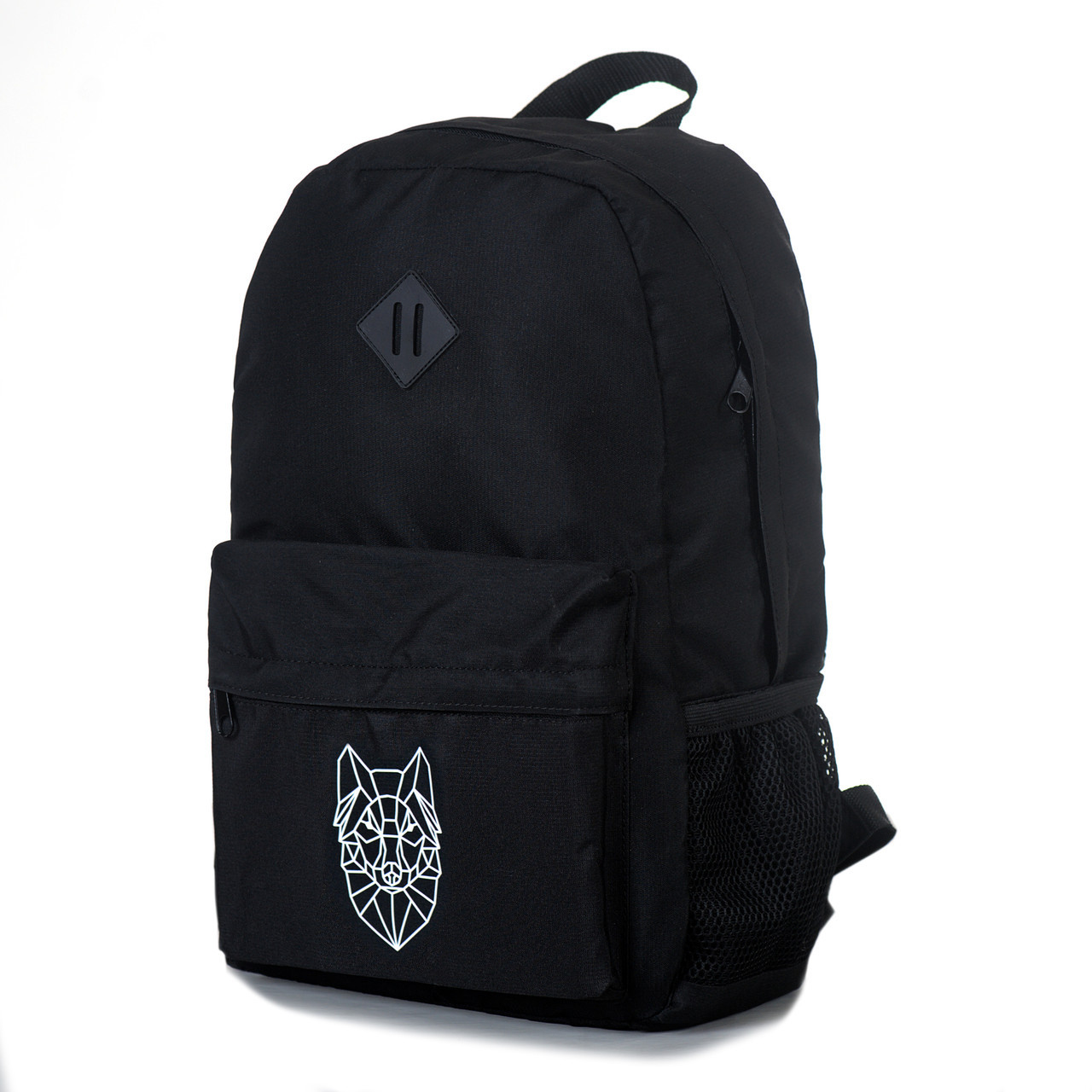 Міський повсякденний місткий чорний рюкзак із міцної тканини з білим малюнком вовка середній  3002