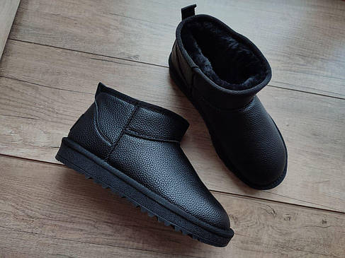 Ugg угги ЧЕРНЫЕ мини кожаные натуралки низкие (h=11.5) унисекс зима полусапожки, фото 1