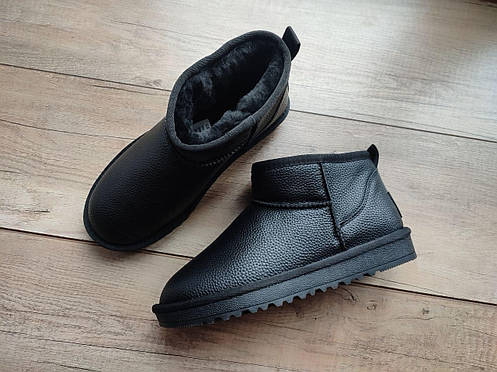 Ugg угги ЧЕРНЫЕ мини кожаные натуралки низкие (h=11.5) унисекс зима полусапожки, фото 3