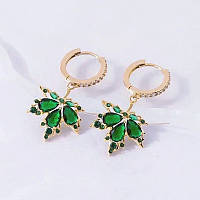 Серьги Liresmina Jewelry модные золотистые серьги с камнями Киевский Зеленый Клен с зелеными фианитами кольцо
