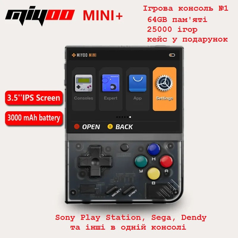 Портативна приставка Miyoo Mini Plus, ігрова консоль No1, колір Grey 64 Гб 25000 ігор, кейс у подарунок