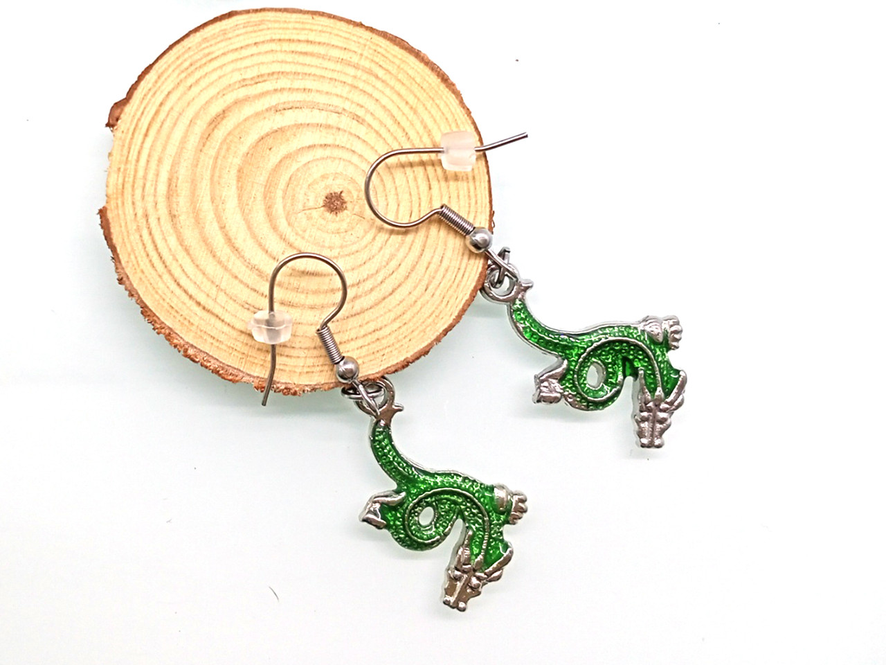 Зелений дракон - символ 2024 - емалеві сережки, нерж сталь, фото 1