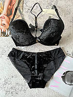 75,80С Чорний велюровий комплект жіночої спідньої білизни на 3 розмір з пуш ап