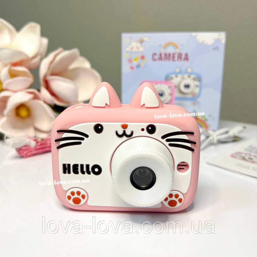 Детский цифровой фотоаппарат на две камеры Cat X900 в силиконовом чехле в виде котика Розовый
