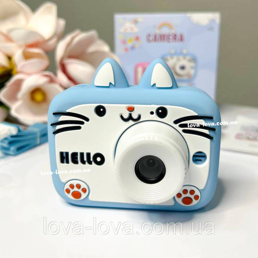 Детский цифровой фотоаппарат на две камеры Cat X900 в силиконовом чехле в виде котика Синий