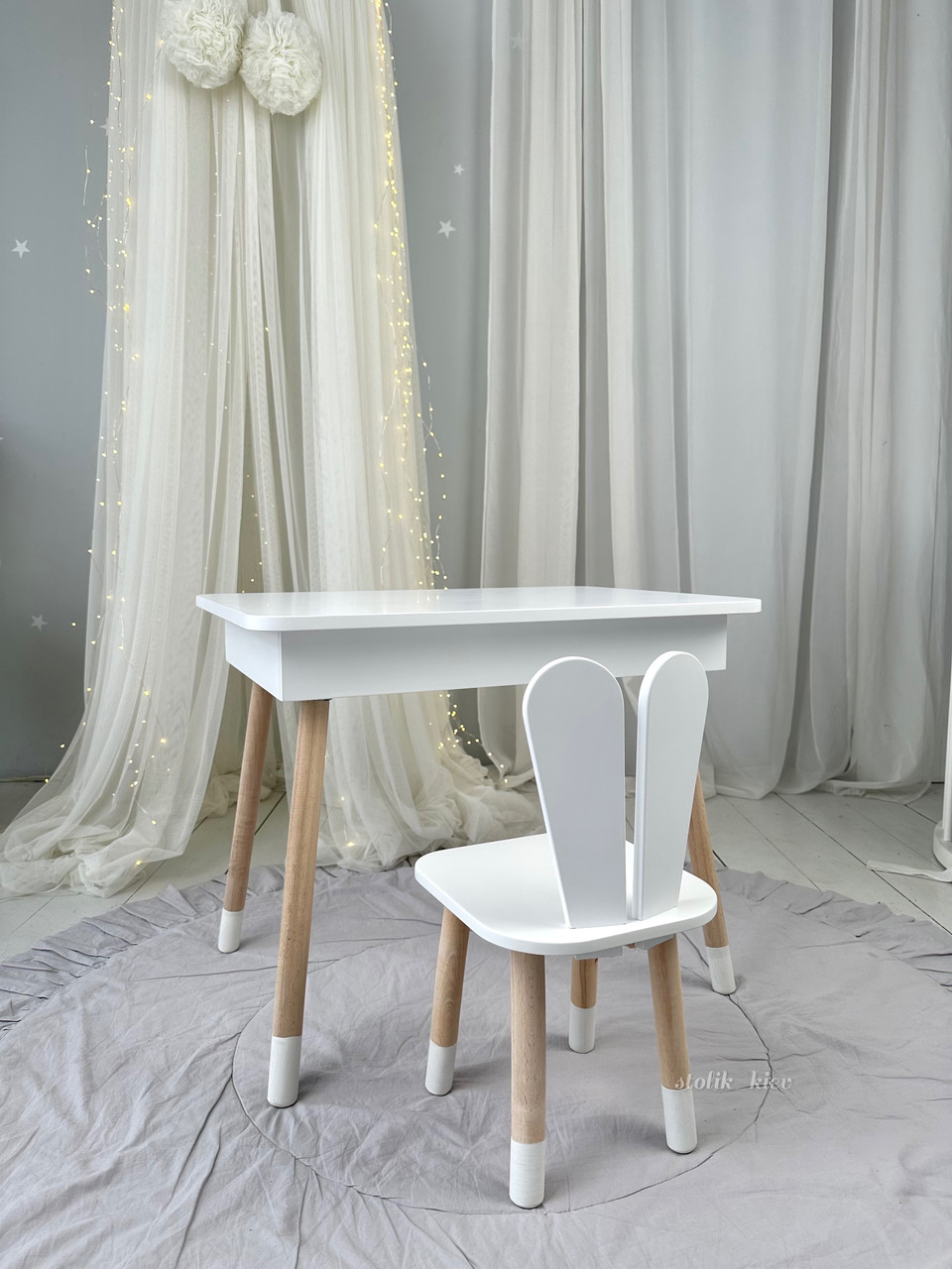 Дерев'яний дитячий столик із шухлядою білий і стільчик Зайчик