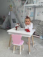 Дерев'яний дитячий столик із шухлядою білий і стільчик Ведмежатко