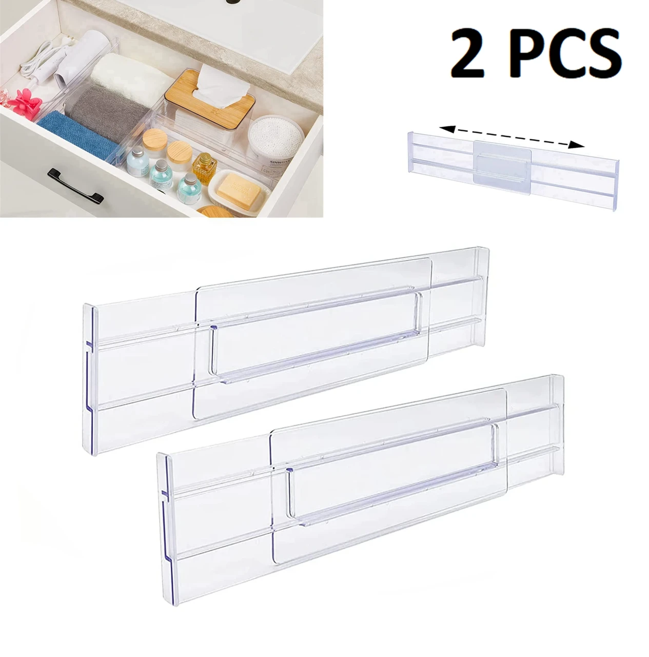 Набір телескопічних розсувних роздільників у тумбочку. Комплект перегородок у комод, ящик 2 шт , Прозорий, фото 1