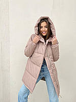 Зимняя куртка женская пуховик свободного кроя с капюшоном удлиненная матовая зефирка Люкс 42, 44, 46 Бежевый, M