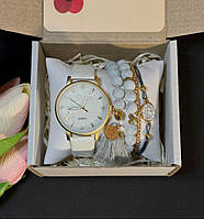 Стильний годинник жіночий наручний кварцовий колір білий у комплекті з регульованими браслетами 4 шт.