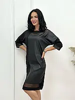 Чорне демісезонне жіноче плаття з екошкіри з прозорими вставками з сітки