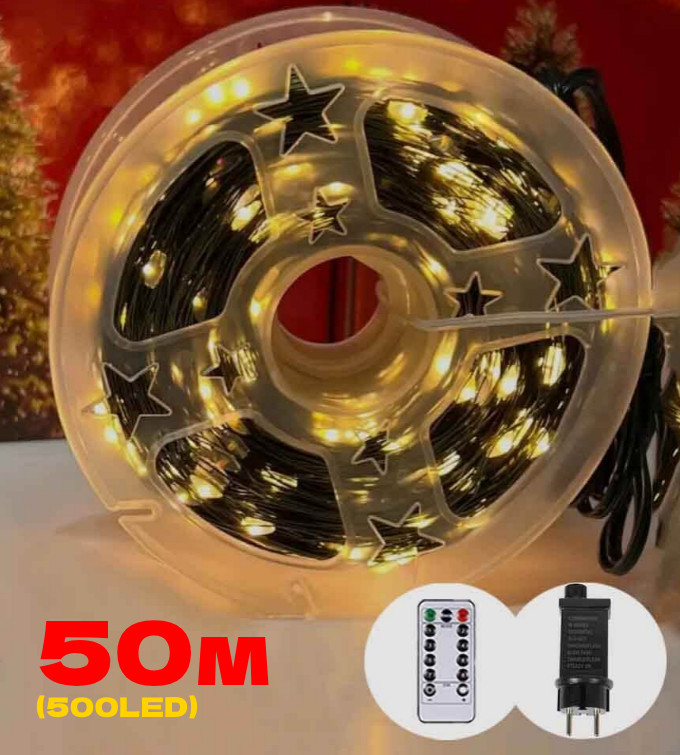 Гірлянда РОСА на катушці нитка 500LED, 220В, 50метрів, Зелений провід та 8 режимів + ПУЛЬТ, Теплий Білий колір