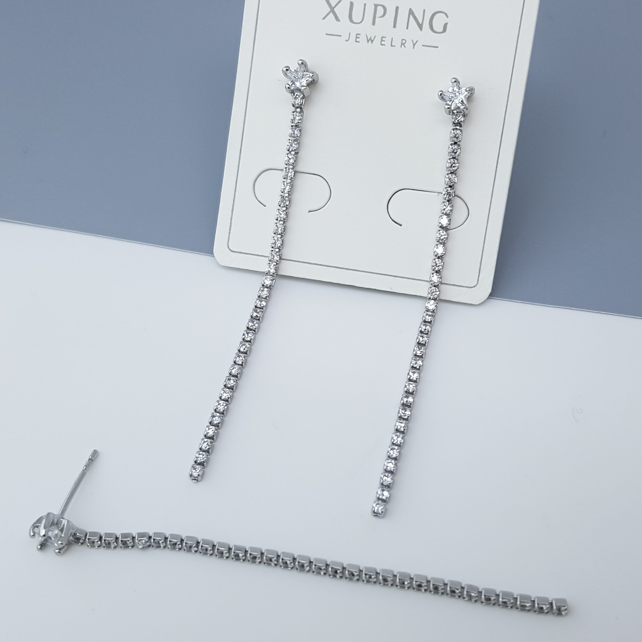 Сережки гвоздики, "Сяюча Зірка" з доріжкою каміння, медсплав Xuping, родій
