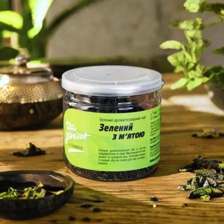 Чай зелений ароматизований у банці ТМ TEA GENIUS М'ятний зелений 100г, фото 1