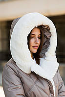 Модне стьобане жіноче зимове пальто хутро тедді біле з капюшоном якість преміум капучіно