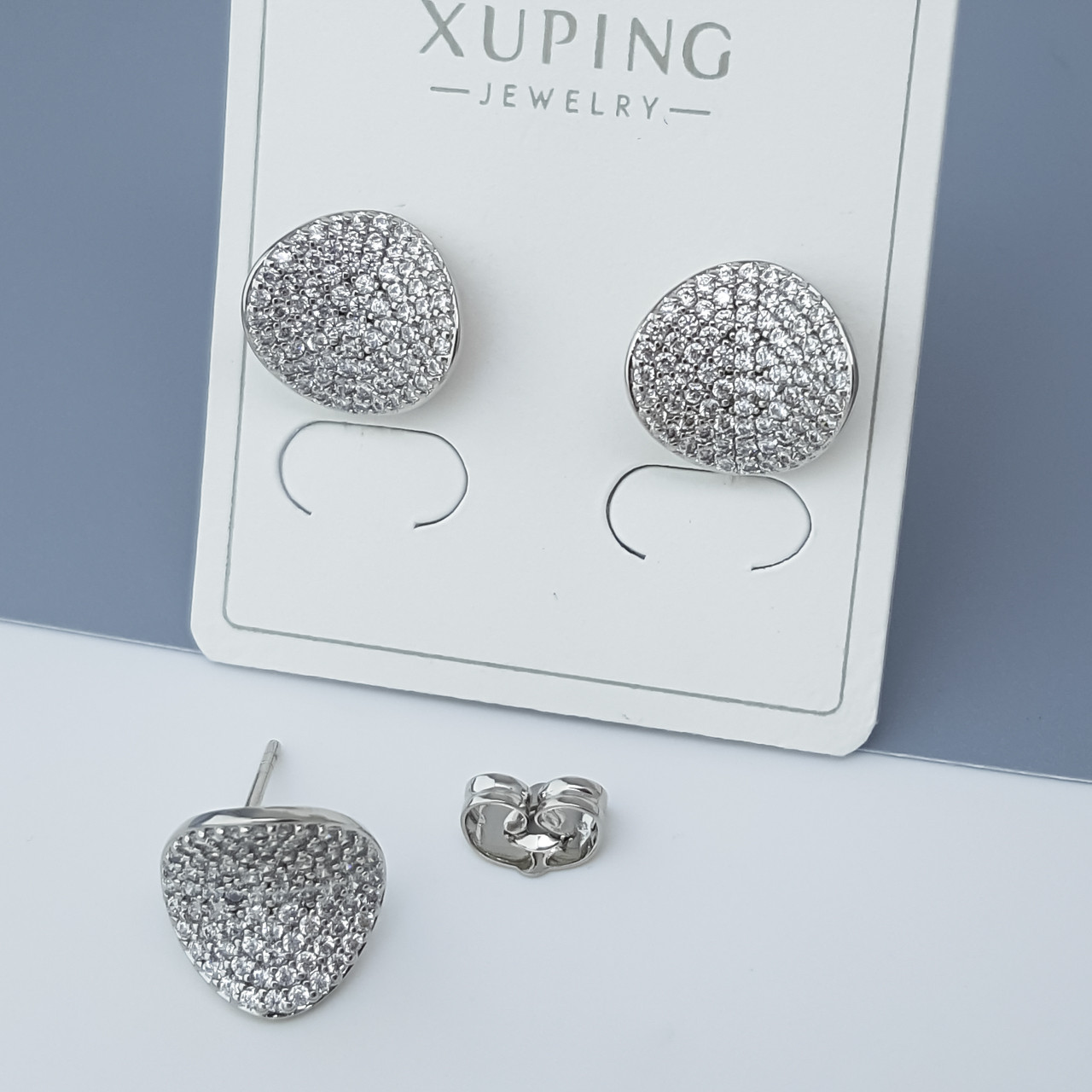 Сережки гвоздики, "Фігурне Коло" з розсипом каміння, медсплав Xuping, родій, фото 1