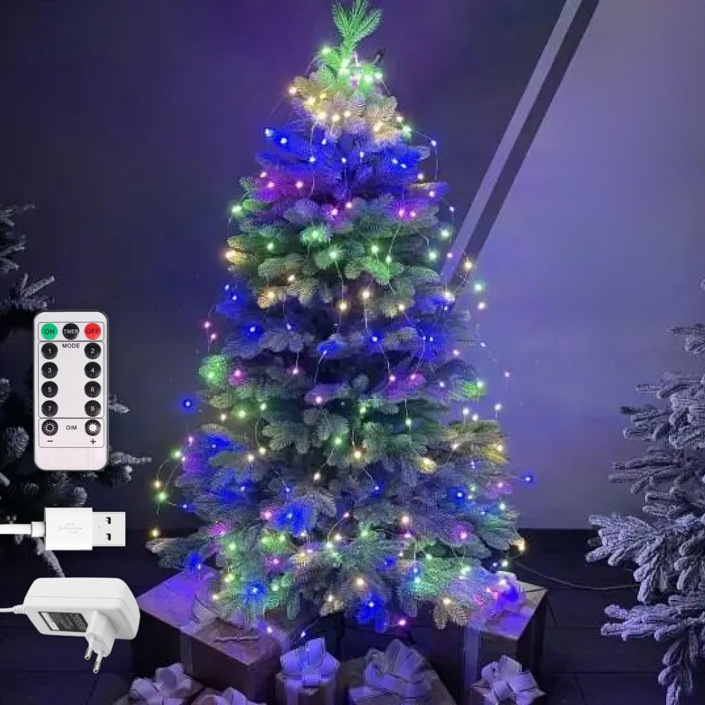 Гірлянда роса Кінський хвіст + пульт, 15 ниток по 2,4 м, 360 LED, від USB та мережі 220В, 8 режимів