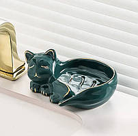 Керамічна мильниця зелена у формі кішки, керамічна підставка для мила, тримач для мила у формі мармуру