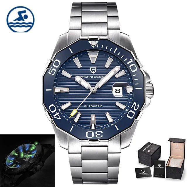 Синій наручний годинник чоловічий сталевий механіка водонепроникний з датою механічний годинник з автопідзаводом