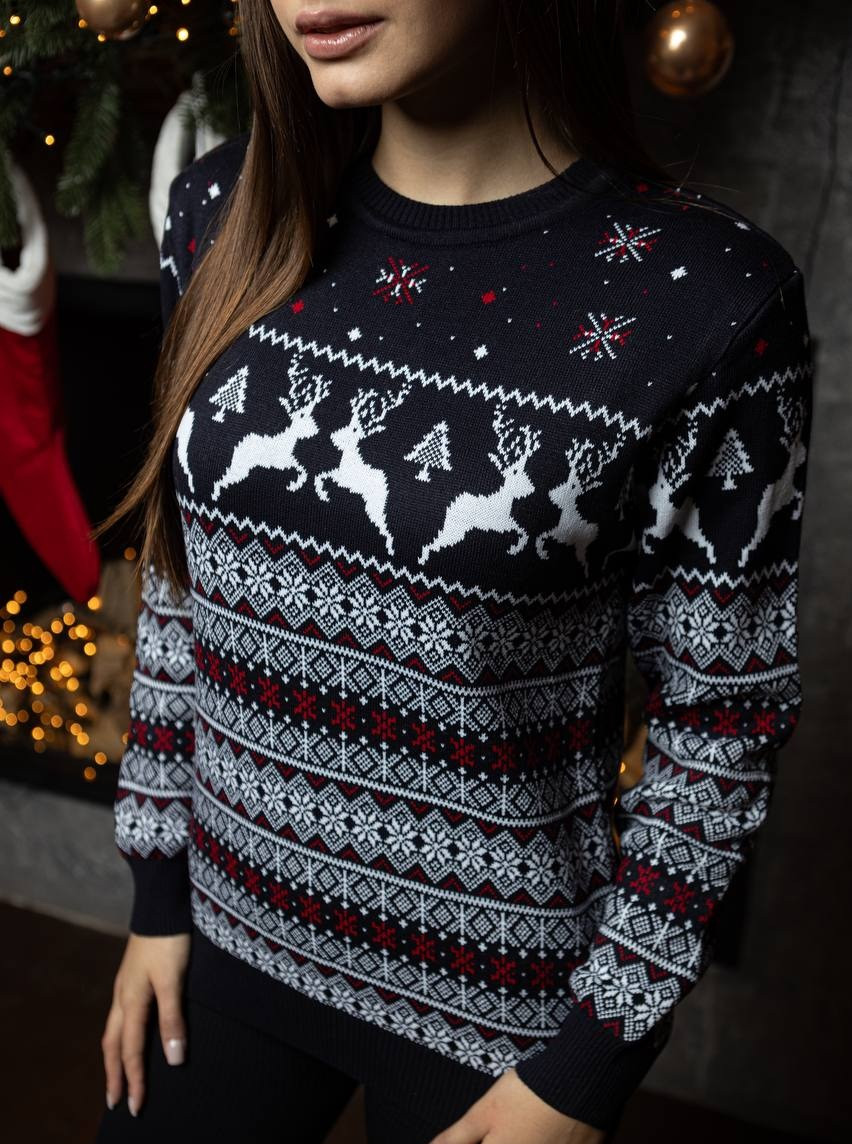 Женский свитер с оленями без воротника теплый шерстяной синий ...